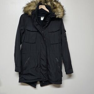 S13 New York Black Parka Jacket M Faux Fur Hood Warm‎ Winter Coat 33" Long Flaw